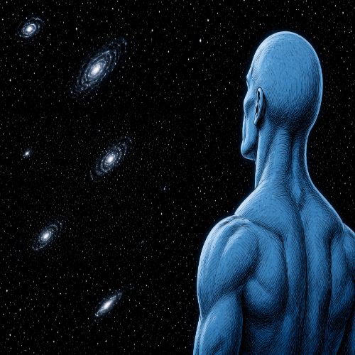 A blue figure gazing at distant galaxies in deep space